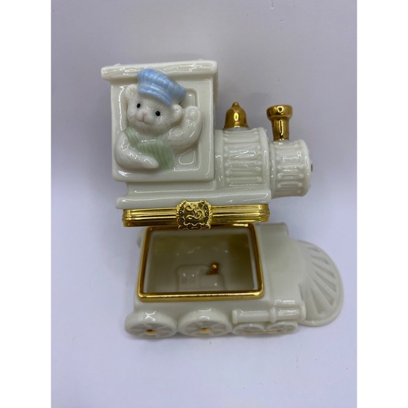 Vintage Porcelain Train Trinket Box with Bear Conductor and Mini Train Pin - Picture 1 of 10